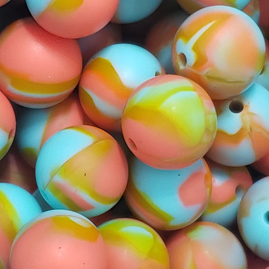 15mm Solid Marble Orange & Teal Silicone Bead